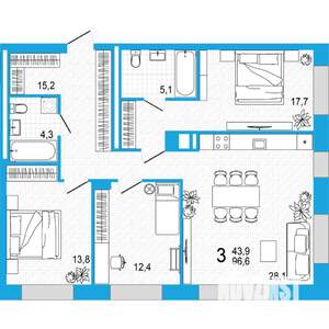 3-к квартира, вторичка, 97м2, 3/18 этаж