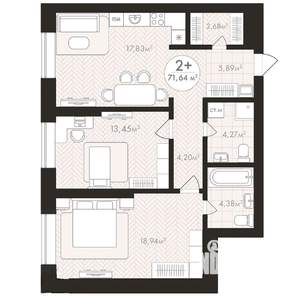 2-к квартира, строящийся дом, 72м2, 21/24 этаж