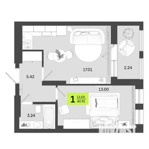 1-к квартира, вторичка, 41м2, 2/14 этаж