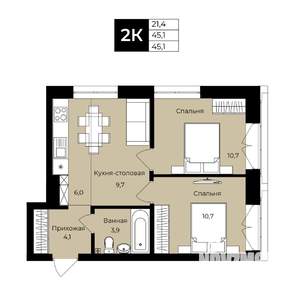 2-к квартира, вторичка, 45м2, 24/25 этаж