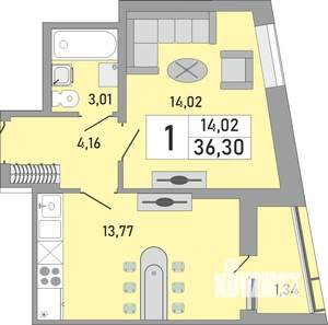 1-к квартира, строящийся дом, 36м2, 17/24 этаж