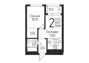1-к квартира, строящийся дом, 38м2, 13/24 этаж