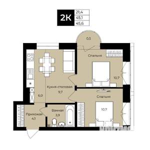 2-к квартира, вторичка, 45м2, 22/25 этаж