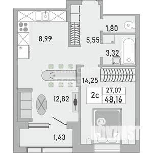 1-к квартира, вторичка, 48м2, 11/25 этаж