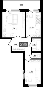 2-к квартира, вторичка, 56м2, 2/10 этаж
