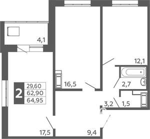 2-к квартира, строящийся дом, 65м2, 13/16 этаж