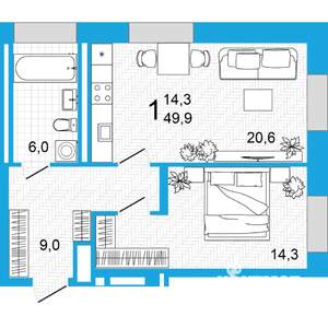 1-к квартира, вторичка, 50м2, 21/23 этаж