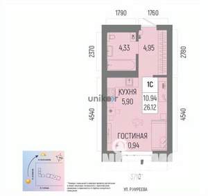 1-к квартира, вторичка, 26м2, 2/14 этаж