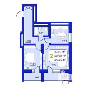 2-к квартира, строящийся дом, 55м2, 16/24 этаж