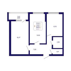 2-к квартира, строящийся дом, 51м2, 19/21 этаж