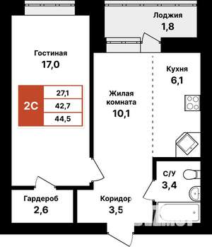 2-к квартира, вторичка, 45м2, 6/8 этаж