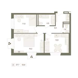 2-к квартира, вторичка, 56м2, 9/10 этаж