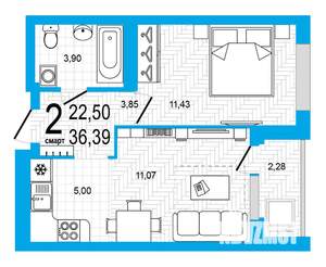 2-к квартира, строящийся дом, 36м2, 4/25 этаж