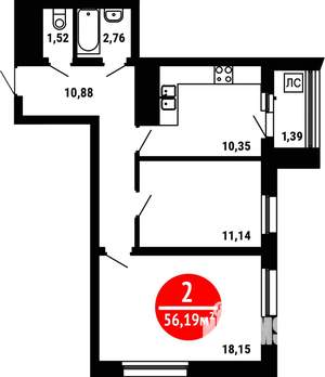 2-к квартира, вторичка, 56м2, 16/25 этаж