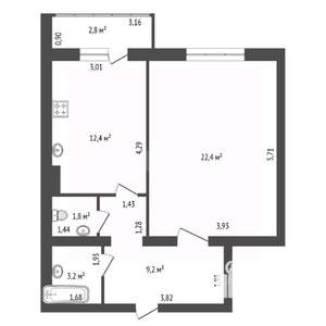 1-к квартира, вторичка, 52м2, 3/5 этаж