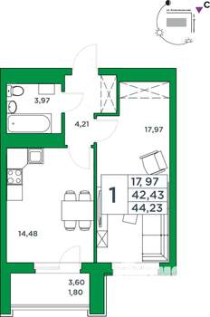 1-к квартира, вторичка, 42м2, 23/24 этаж