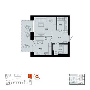 1-к квартира, вторичка, 39м2, 3/20 этаж