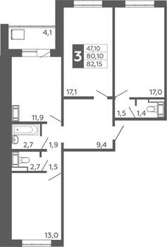 3-к квартира, строящийся дом, 81м2, 6/16 этаж