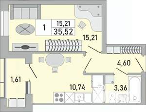 1-к квартира, строящийся дом, 36м2, 21/24 этаж