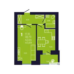 1-к квартира, строящийся дом, 41м2, 2/12 этаж