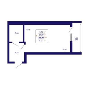 1-к квартира, строящийся дом, 29м2, 19/21 этаж