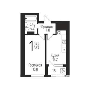 1-к квартира, строящийся дом, 39м2, 13/24 этаж