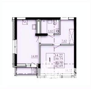 1-к квартира, строящийся дом, 41м2, 13/25 этаж