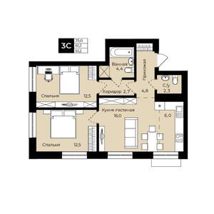 2-к квартира, вторичка, 61м2, 24/25 этаж