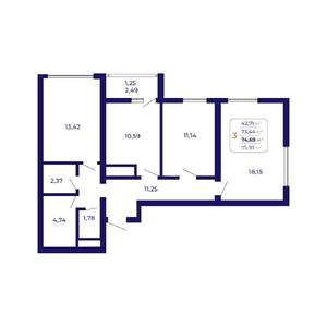 3-к квартира, строящийся дом, 75м2, 21/25 этаж