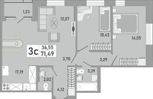 3-к квартира, вторичка, 71м2, 13/24 этаж