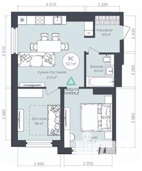 3-к квартира, вторичка, 52м2, 3/25 этаж