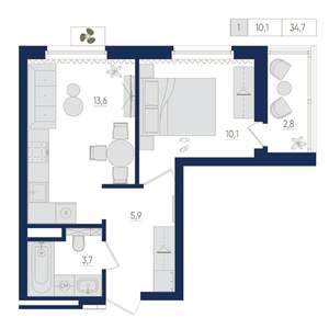 1-к квартира, вторичка, 35м2, 8/22 этаж