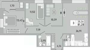 3-к квартира, строящийся дом, 81м2, 19/24 этаж
