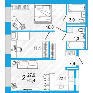 2-к квартира, вторичка, 64м2, 4/5 этаж