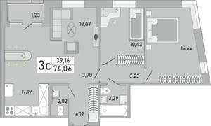 3-к квартира, строящийся дом, 74м2, 3/24 этаж