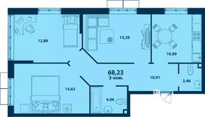 3-к квартира, строящийся дом, 68м2, 20/24 этаж