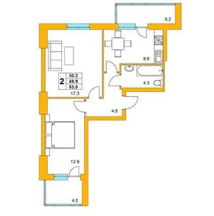 2-к квартира, вторичка, 54м2, 3/19 этаж