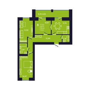 3-к квартира, строящийся дом, 74м2, 6/12 этаж