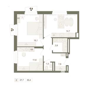 2-к квартира, вторичка, 55м2, 10/10 этаж