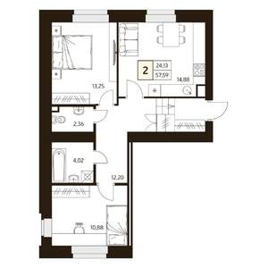 2-к квартира, строящийся дом, 58м2, 1/10 этаж