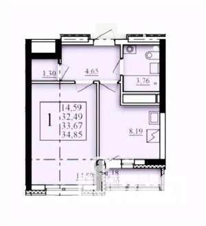 1-к квартира, строящийся дом, 34м2, 15/25 этаж