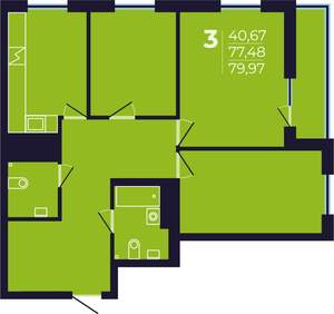 3-к квартира, строящийся дом, 80м2, 17/25 этаж