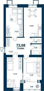3-к квартира, строящийся дом, 72м2, 5/5 этаж