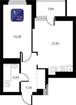 1-к квартира, вторичка, 45м2, 15/25 этаж