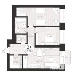 2-к квартира, строящийся дом, 63м2, 9/24 этаж