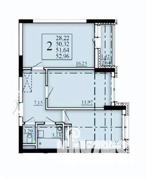 2-к квартира, строящийся дом, 52м2, 20/25 этаж