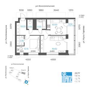 2-к квартира, вторичка, 63м2, 12/17 этаж