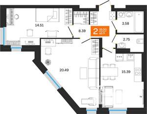 2-к квартира, вторичка, 65м2, 25/25 этаж