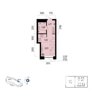 1-к квартира, вторичка, 23м2, 10/25 этаж