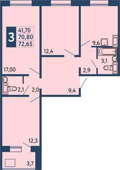 3-к квартира, строящийся дом, 72м2, 2/11 этаж